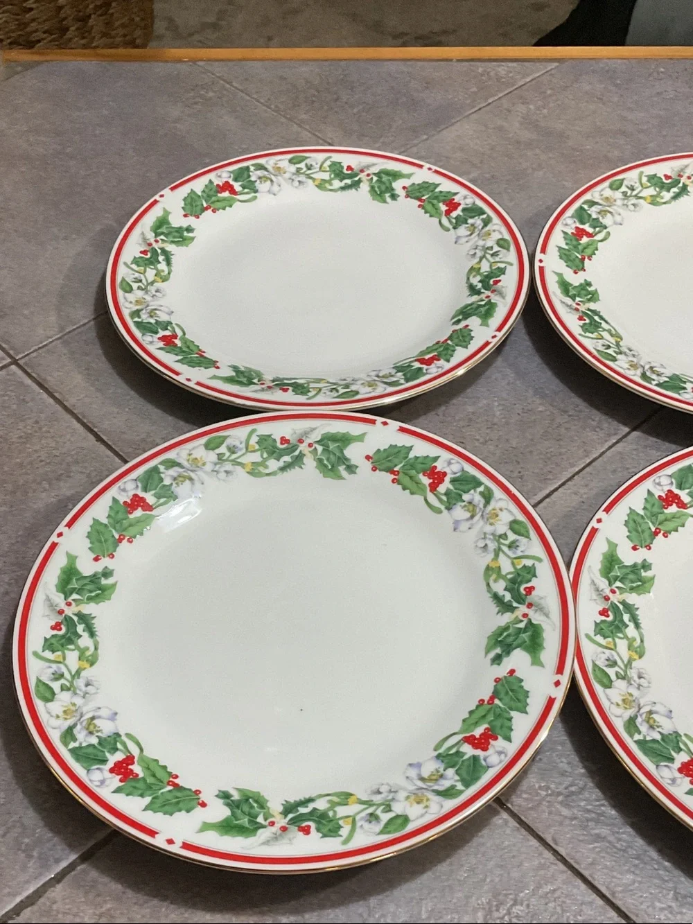 Festive Holly Border Dinner Plate - White, Red & Green